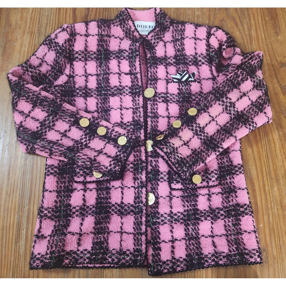 Adolpho Pink and Black Wool Plaid Jacket Gold Buttons Vtg Sweater Med Union Made - Picture 3 of 16